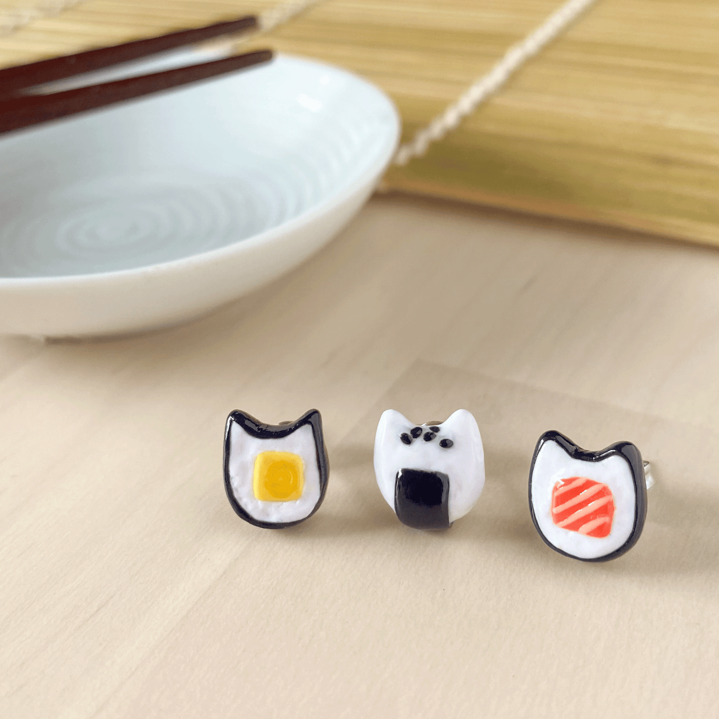 risu.craft x Purrballs cat sushi ear studs